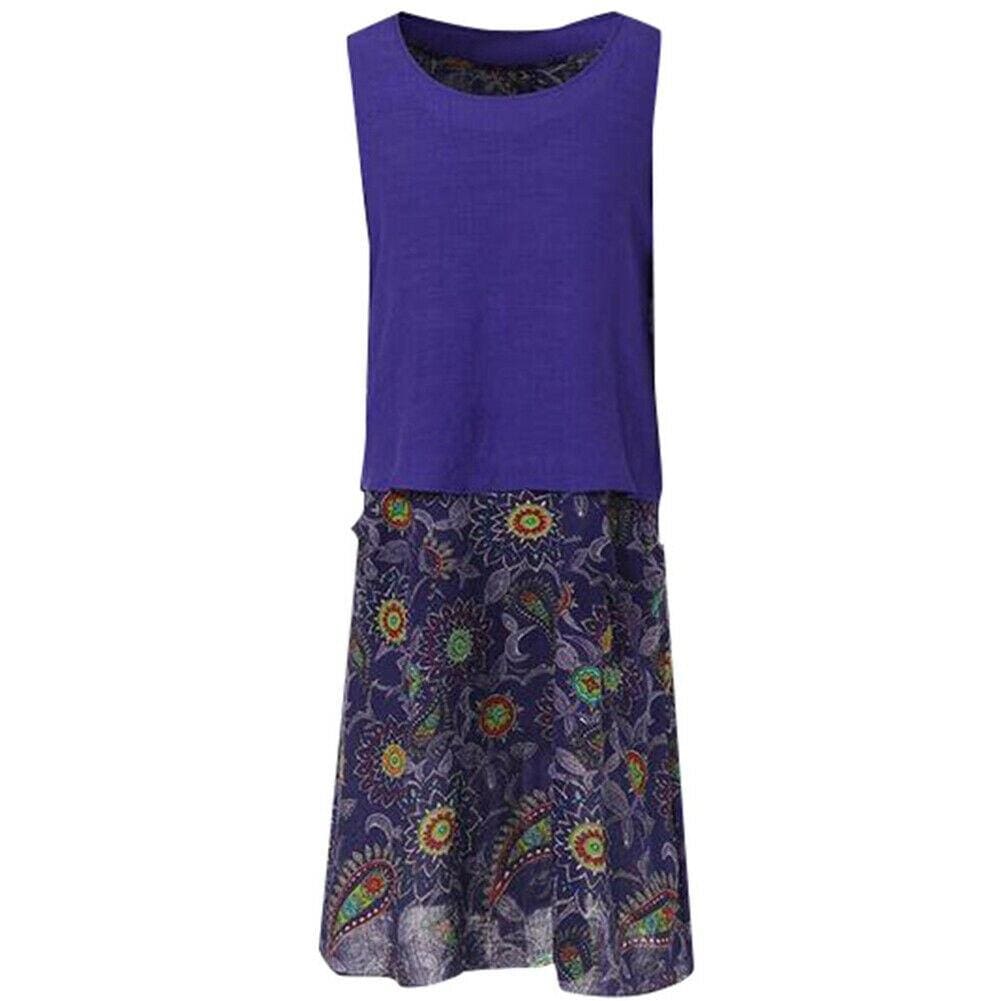 Plus Size Bohemian 2 Pcs Casual Set Summer Sleeveless T-shirt Tee Top + Floral Dress Skirt Beach Holiday Suit