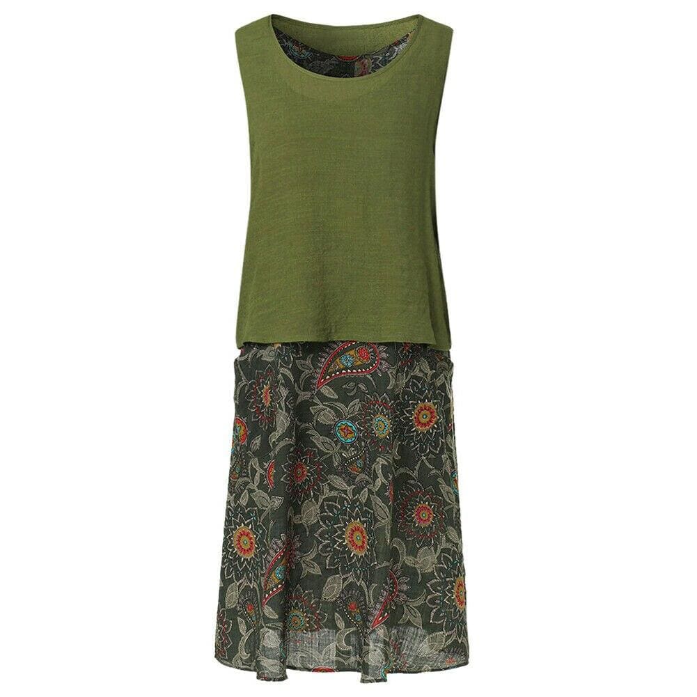 Plus Size Bohemian 2 Pcs Casual Set Summer Sleeveless T-shirt Tee Top + Floral Dress Skirt Beach Holiday Suit