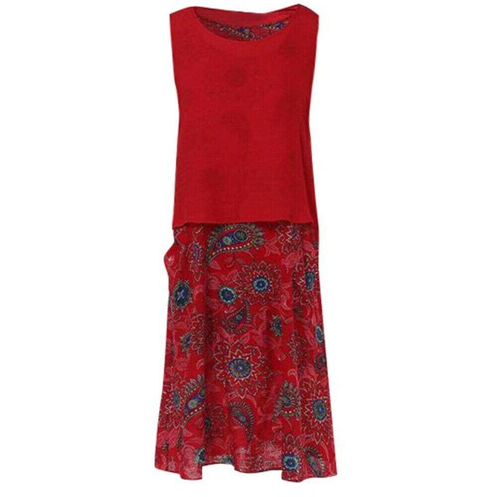 Plus Size Bohemian 2 Pcs Casual Set Summer Sleeveless T-shirt Tee Top + Floral Dress Skirt Beach Holiday Suit