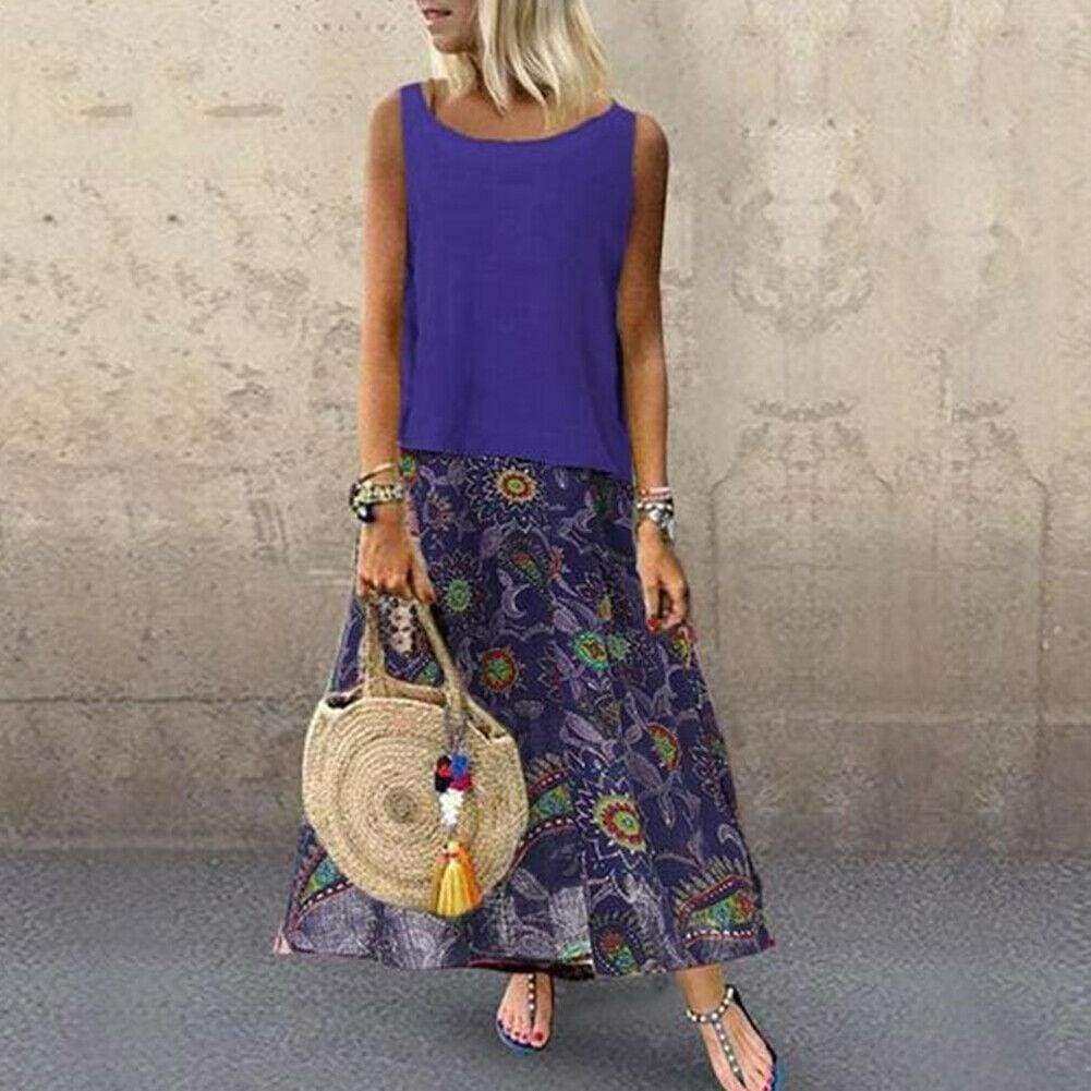 Plus Size Bohemian 2 Pcs Casual Set Summer Sleeveless T-shirt Tee Top + Floral Dress Skirt Beach Holiday Suit