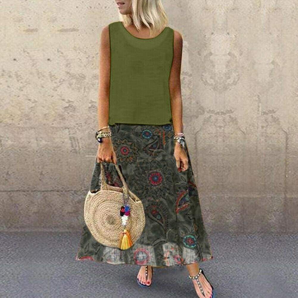 Plus Size Bohemian 2 Pcs Casual Set Summer Sleeveless T-shirt Tee Top + Floral Dress Skirt Beach Holiday Suit