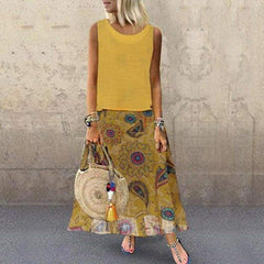 Plus Size Bohemian 2 Pcs Casual Set Summer Sleeveless T-shirt Tee Top + Floral Dress Skirt Beach Holiday Suit