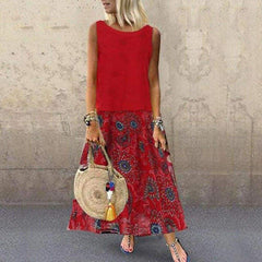 Plus Size Bohemian 2 Pcs Casual Set Summer Sleeveless T-shirt Tee Top + Floral Dress Skirt Beach Holiday Suit