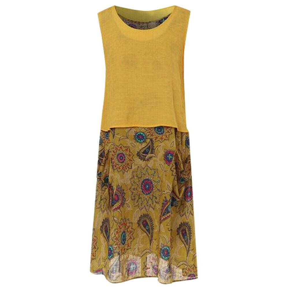 Plus Size Bohemian 2 Pcs Casual Set Summer Sleeveless T-shirt Tee Top + Floral Dress Skirt Beach Holiday Suit