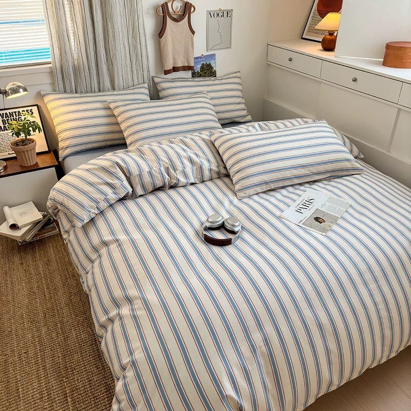 Blue Striped Cotton Bedding Set