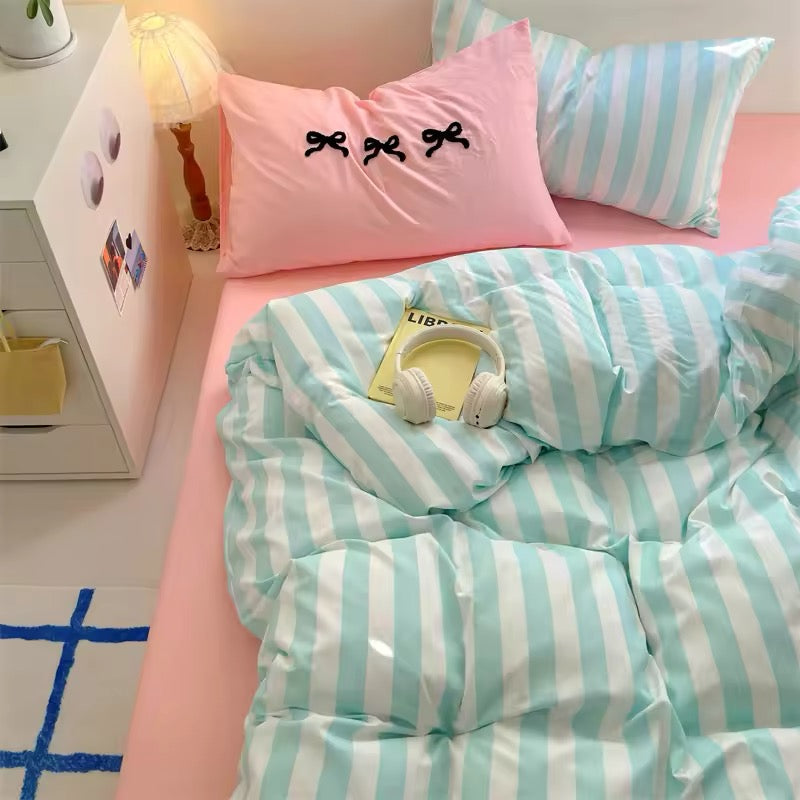 Beige Striped Cotton Bedding Set