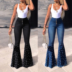 High Waist Flare Jeans Button Tassel Pants