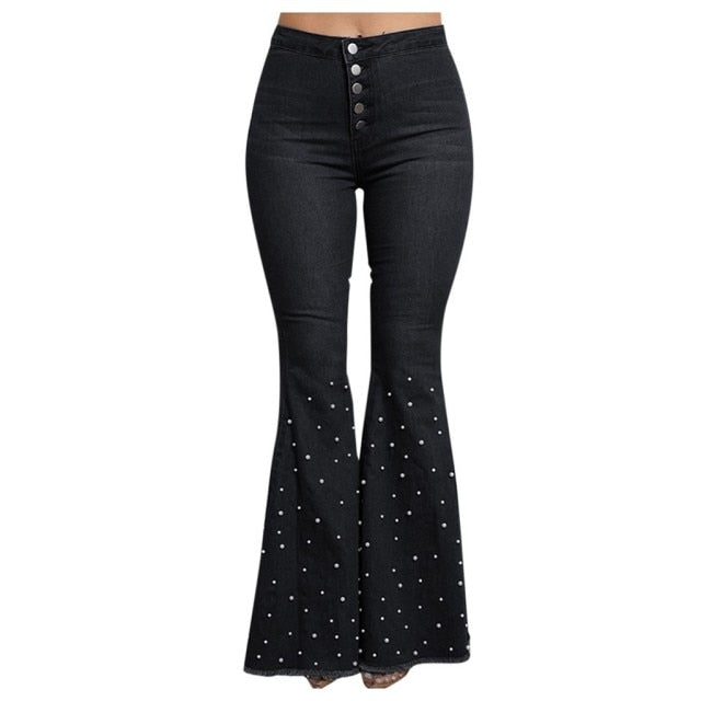 High Waist Flare Jeans Button Tassel Pants