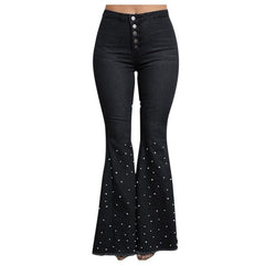 High Waist Flare Jeans Button Tassel Pants