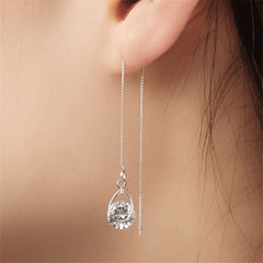 Long Silver Plated Crystal Leaf Tassel Drop Earrings