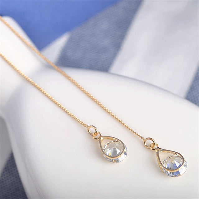 Long Silver Plated Crystal Leaf Tassel Drop Earrings