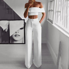 Summer Style 2Pcs Off Shoulder Crop Top Straight Pants Set for Outfit Yellow White Pink Black Two Piece Set Suit