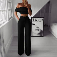Summer Style 2Pcs Off Shoulder Crop Top Straight Pants Set for Outfit Yellow White Pink Black Two Piece Set Suit
