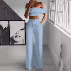 Summer Style 2Pcs Off Shoulder Crop Top Straight Pants Set for Outfit Yellow White Pink Black Two Piece Set Suit