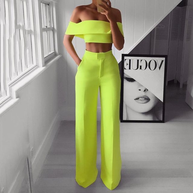 Summer Style 2Pcs Off Shoulder Crop Top Straight Pants Set for Outfit Yellow White Pink Black Two Piece Set Suit