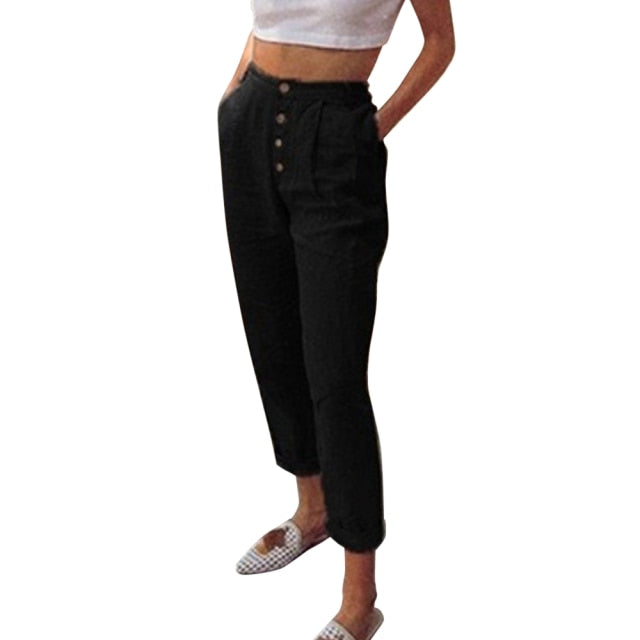 Solid Cotton Linen Pencil Pants Spring Casual Button High Waist Trousers Plus Size Long Pants 3XL