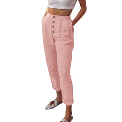 Solid Cotton Linen Pencil Pants Spring Casual Button High Waist Trousers Plus Size Long Pants 3XL