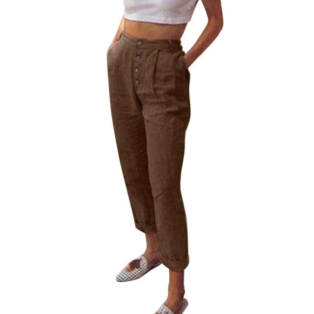 Solid Cotton Linen Pencil Pants Spring Casual Button High Waist Trousers Plus Size Long Pants 3XL
