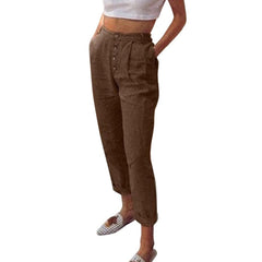 Solid Cotton Linen Pencil Pants Spring Casual Button High Waist Trousers Plus Size Long Pants 3XL