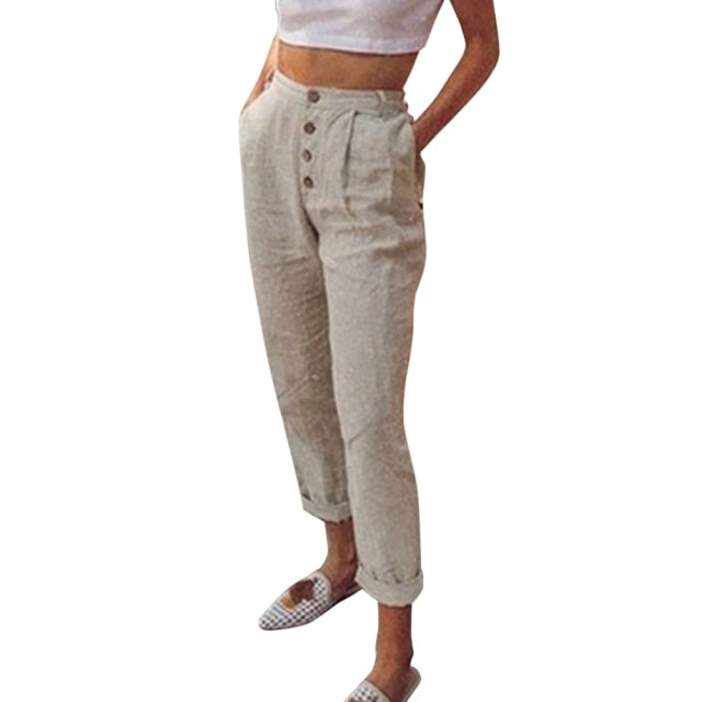 Solid Cotton Linen Pencil Pants Spring Casual Button High Waist Trousers Plus Size Long Pants 3XL