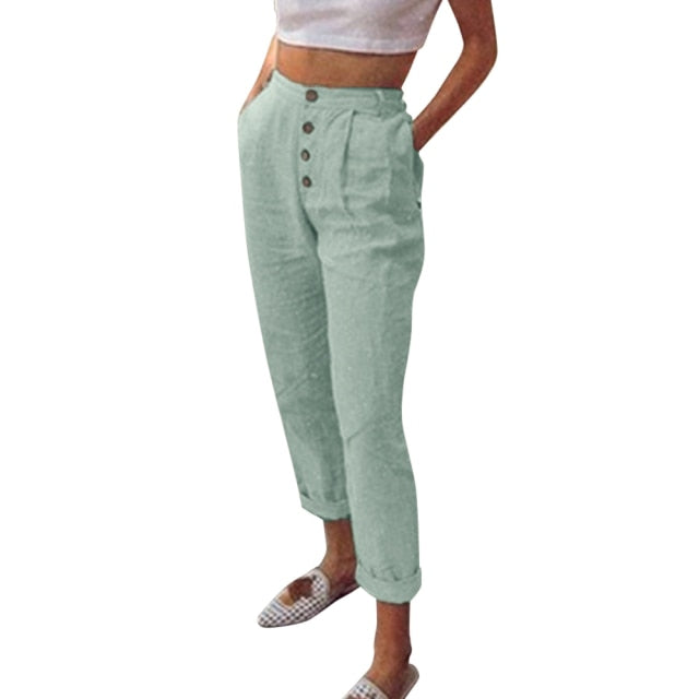 Solid Cotton Linen Pencil Pants Spring Casual Button High Waist Trousers Plus Size Long Pants 3XL