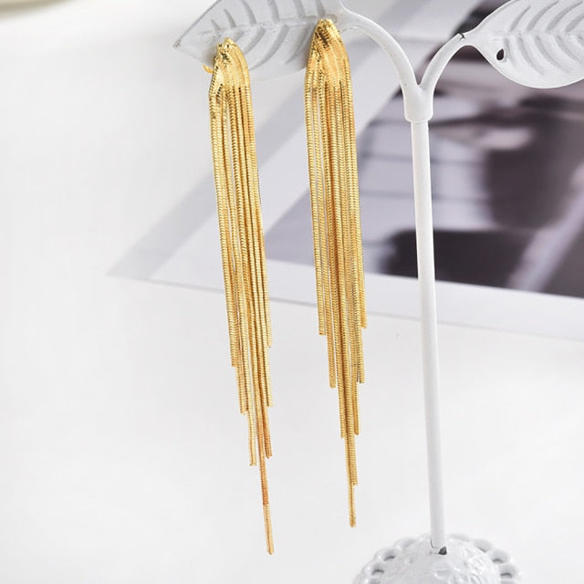 Vintage Glossy Arc Bar Long Thread Tassel Drop Earrings