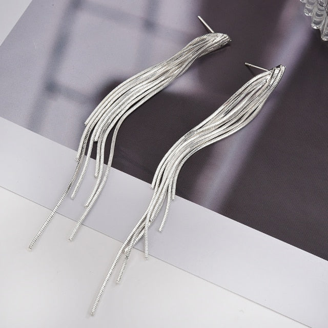 Vintage Glossy Arc Bar Long Thread Tassel Drop Earrings