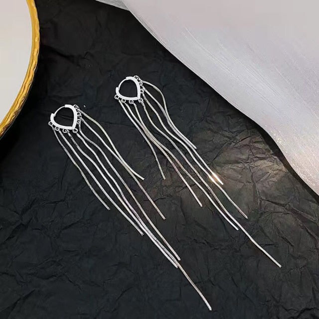 Vintage Glossy Arc Bar Long Thread Tassel Drop Earrings