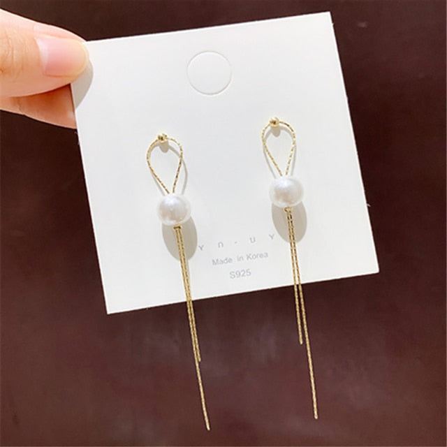 Vintage Glossy Arc Bar Long Thread Tassel Drop Earrings