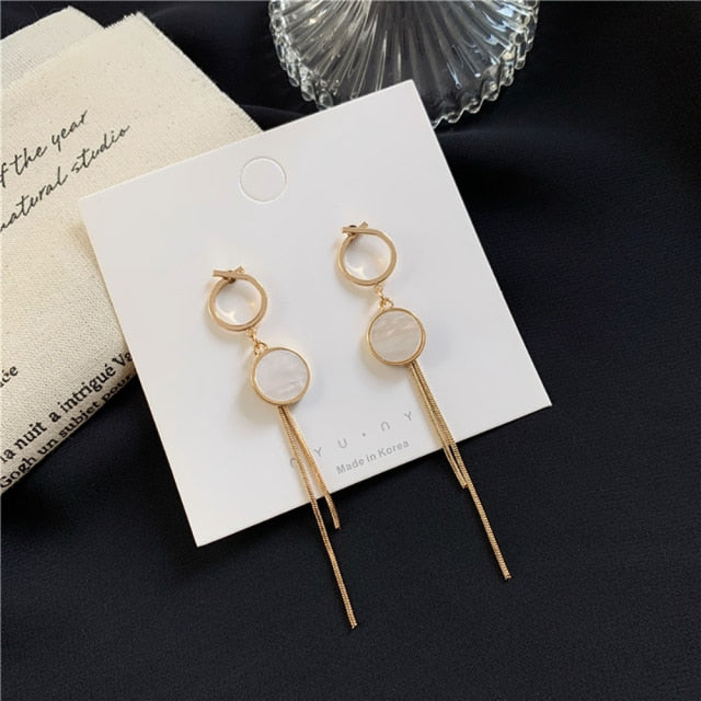 Vintage Glossy Arc Bar Long Thread Tassel Drop Earrings