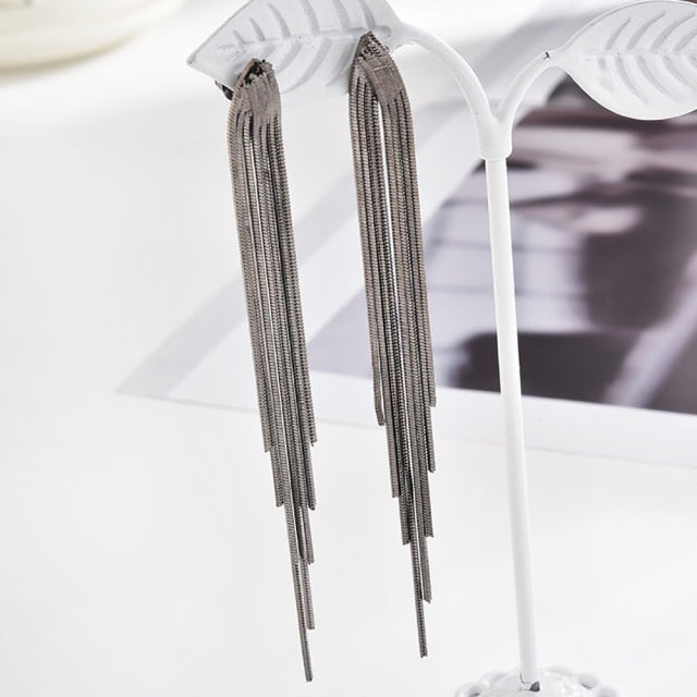 Vintage Glossy Arc Bar Long Thread Tassel Drop Earrings