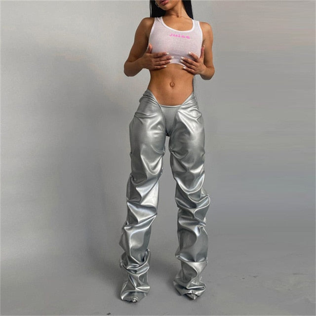 Fashion PU Fake Leather Sexy Low-rise Street Style Straight Casual Trousers