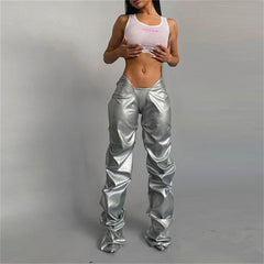 Fashion PU Fake Leather Sexy Low-rise Street Style Straight Casual Trousers