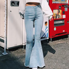 Women&#39;s Casual Fashion High Waist Slim And Skinny Big Flare Denim Pants Fashion Street Women&#39;s Solid Color Denim Trousers