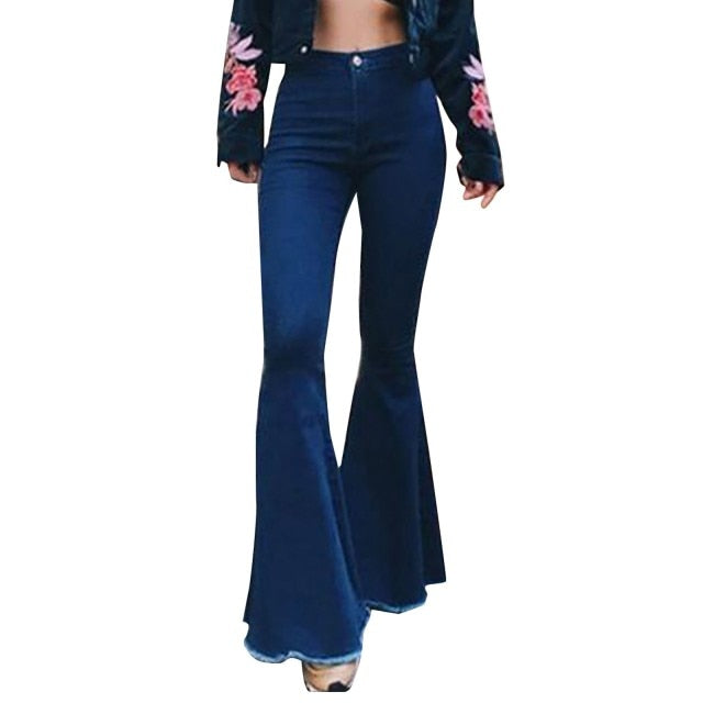 Women&#39;s Casual Fashion High Waist Slim And Skinny Big Flare Denim Pants Fashion Street Women&#39;s Solid Color Denim Trousers