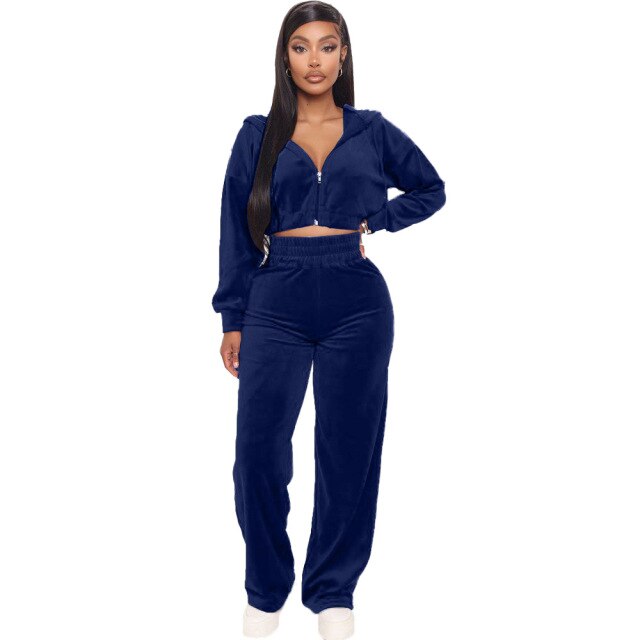 Velvet Tracksuit 2 Two Piece Set Zipper Hoodie Sweatshirt Wide Leg Pant