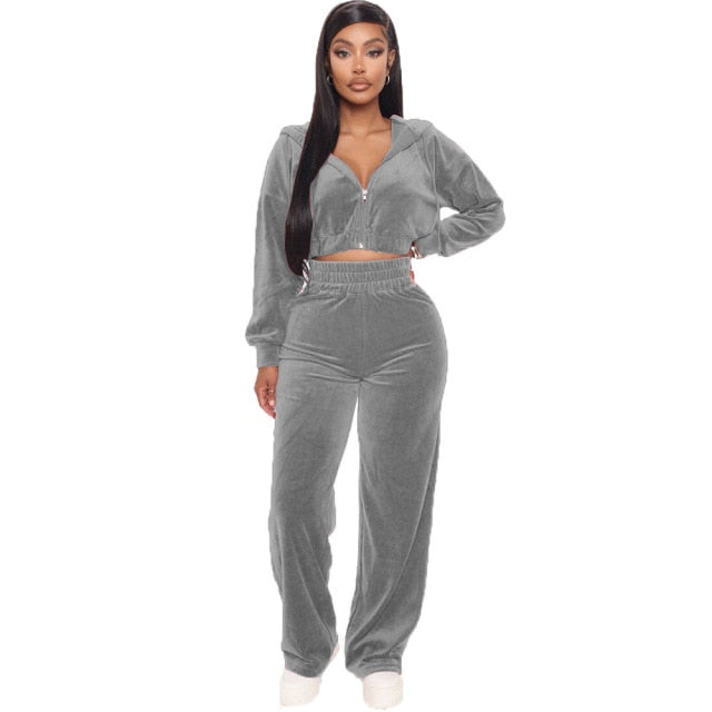 Velvet Tracksuit 2 Two Piece Set Zipper Hoodie Sweatshirt Wide Leg Pant