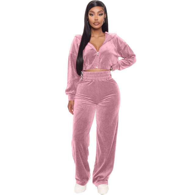 Velvet Tracksuit 2 Two Piece Set Zipper Hoodie Sweatshirt Wide Leg Pant