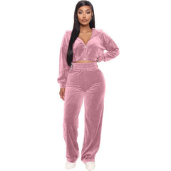 Velvet Tracksuit 2 Two Piece Set Zipper Hoodie Sweatshirt Wide Leg Pant
