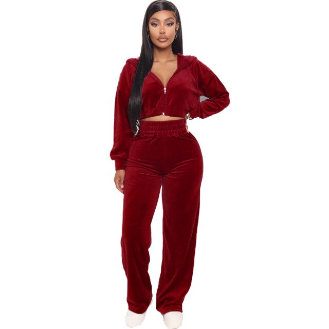 Velvet Tracksuit 2 Two Piece Set Zipper Hoodie Sweatshirt Wide Leg Pant