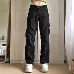 Y2K Black Cargo Jeans Ruched Pockets Cute Straight Trousers Punk Fashion Low Waisted Korean Jeans Retro Grunge