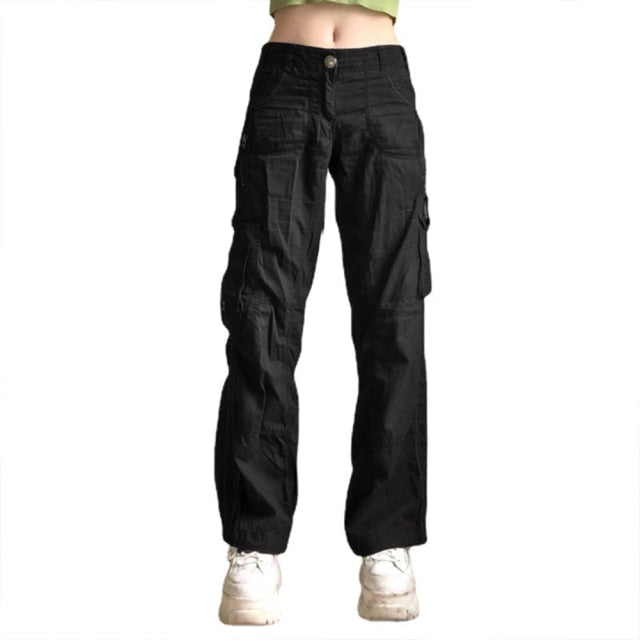 Y2K Black Cargo Jeans Ruched Pockets Cute Straight Trousers Punk Fashion Low Waisted Korean Jeans Retro Grunge