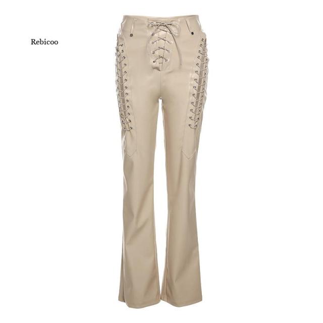 Faux PU High Waist Pants Chic Hollow Out Bandage Sexy Summer Trend Leather Club Trousers Slim Streetwear Punk Harajuku