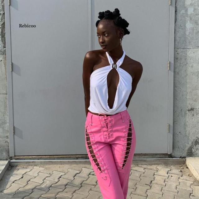 Faux PU High Waist Pants Chic Hollow Out Bandage Sexy Summer Trend Leather Club Trousers Slim Streetwear Punk Harajuku