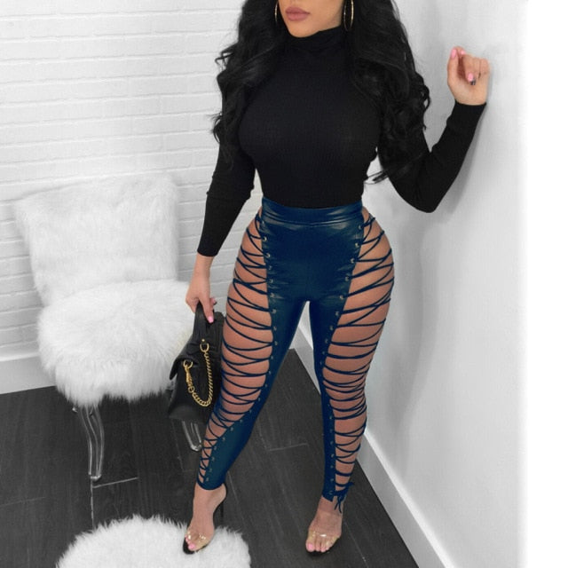 Sexy Hollow Out Skinny Bandage High Waist Clothes Jogger Pants