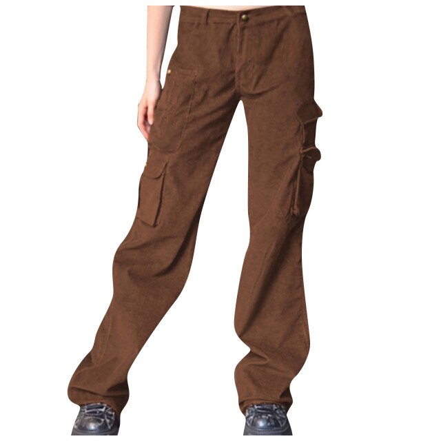 Fashion Street Hot Girl Brown Trousers Corduroy Pocket Tooling Casual Trousers New Hot Sale