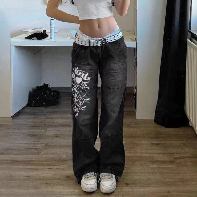 Y2K Print Autumn Low Waist Long Trousers Casual Denim Pants