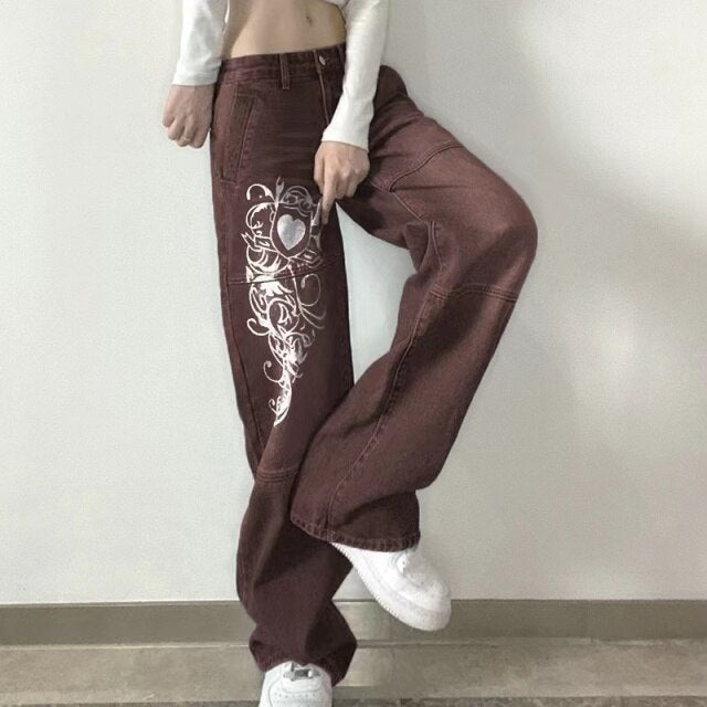 Y2K Print Autumn Low Waist Long Trousers Casual Denim Pants