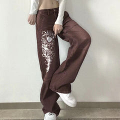 Y2K Print Autumn Low Waist Long Trousers Casual Denim Pants