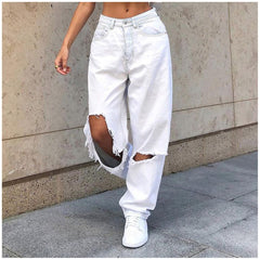 High Waist Women&#39;s Jeans Retro Wide Leg Pants Trousers Streetwear Holes Ripped Y2K Jean Teen Girls Straight Denim Jeans